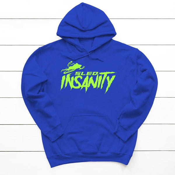 Royal Blue Sled Insanity Hoodie with Green Logo
