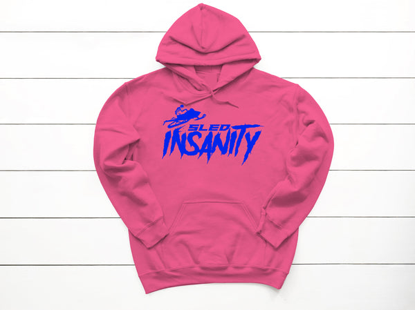 Safety Pink Sled Insanity Hoodie with Blue Logo