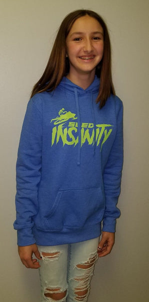 Ladies Blue Sled Insanity Hoodie with Green Logo
