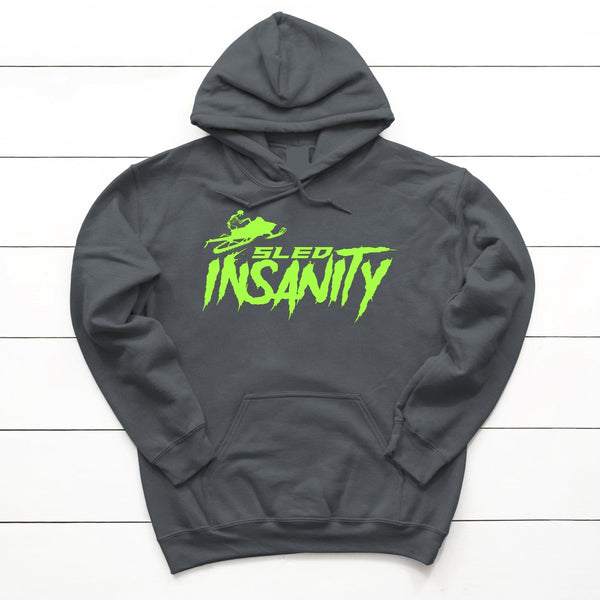 Adult Charcoal Sled Insanity Hoodie with Green Logo