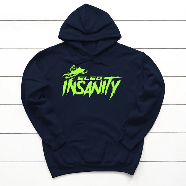 Adult Navy Blue Sled Insanity Hoodie with Green Logo