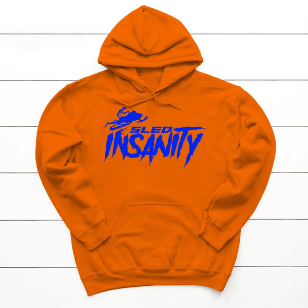 Adult Safety Orange Sled Insanity Hoodie with Blue Logo