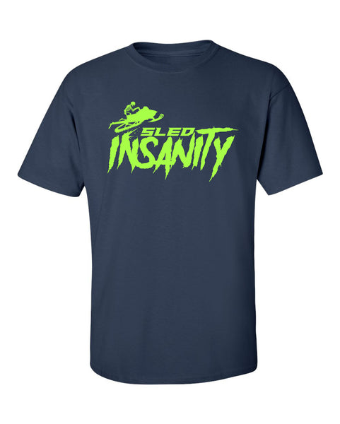 Adult Navy Blue Sled Insanity T-Shirt with Green Logo