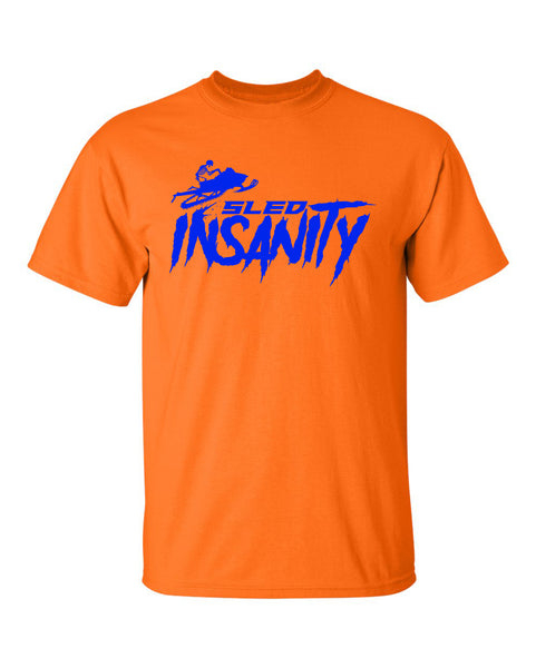 Adult Safety Orange Sled Insanity T-Shirt with Blue Logo