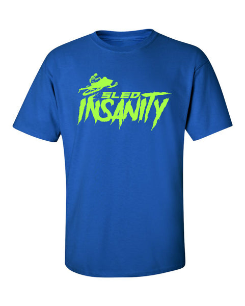 Adult Royal Blue Sled Insanity T-Shirt with Green Logo