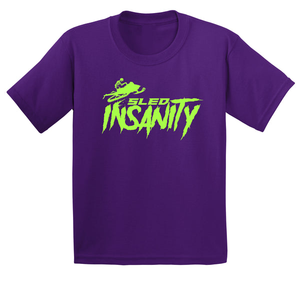 Youth Purple Sled Insanity T-Shirt with Green Logo