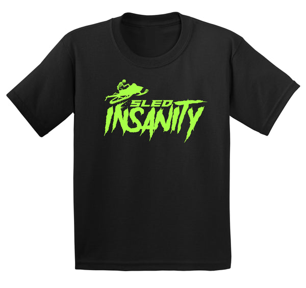 Youth Black Sled Insanity T-Shirt with Green Logo