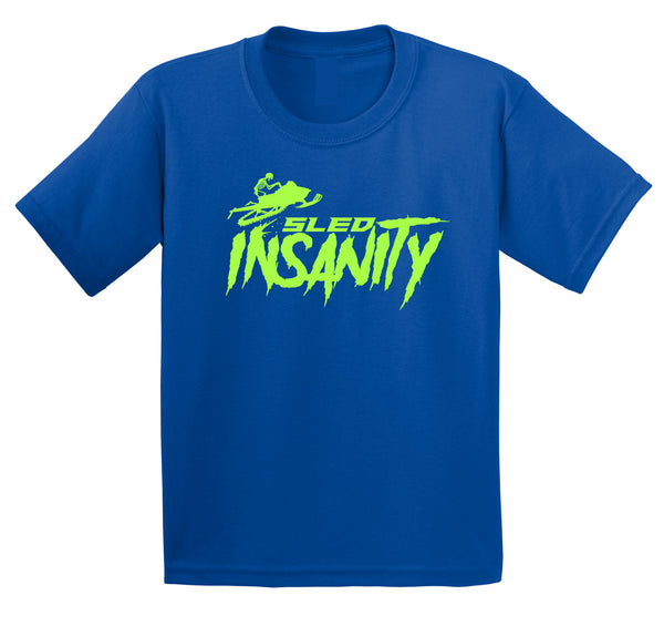 Youth Royal Blue Sled Insanity T-Shirt with Green Logo