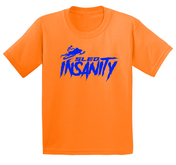 Youth Safety Orange Sled Insanity T-Shirt with Blue Logo