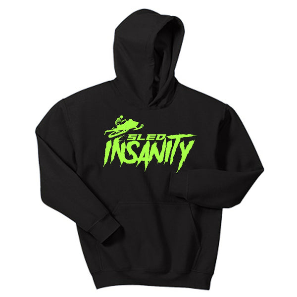 Youth Black Sled Insanity Hoodie with Green Logo