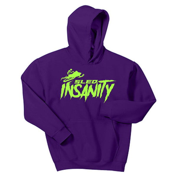 Youth Purple Sled Insanity Hoodie with Green Logo
