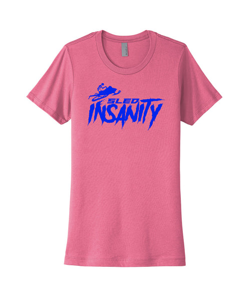 Ladies Pink Sled Insanity T-Shirt with Blue Logo