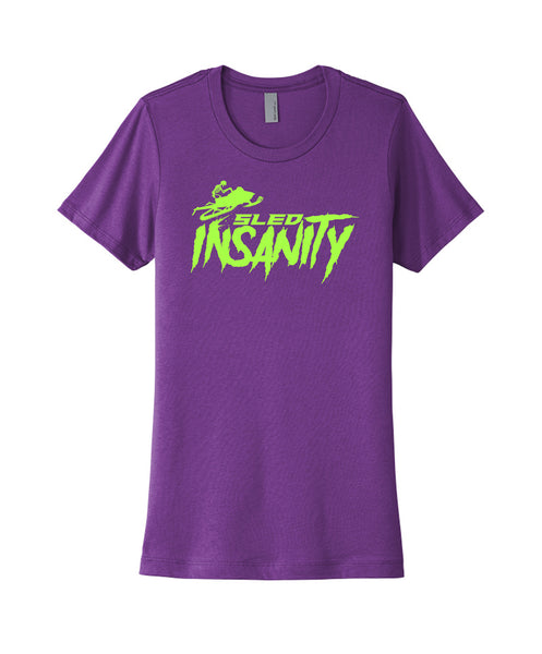 Ladies Purple Sled Insanity T-Shirt with Green Logo