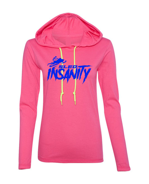 Ladies Pink Sled Insanity Lightweight Long-Sleeve Hooded T-Shirt with Blue Logo