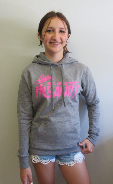 Ladies Gray Sled Insanity Hoodie with Pink Logo