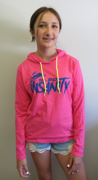 Ladies Pink Sled Insanity Lightweight Long-Sleeve Hooded T-Shirt with Blue Logo