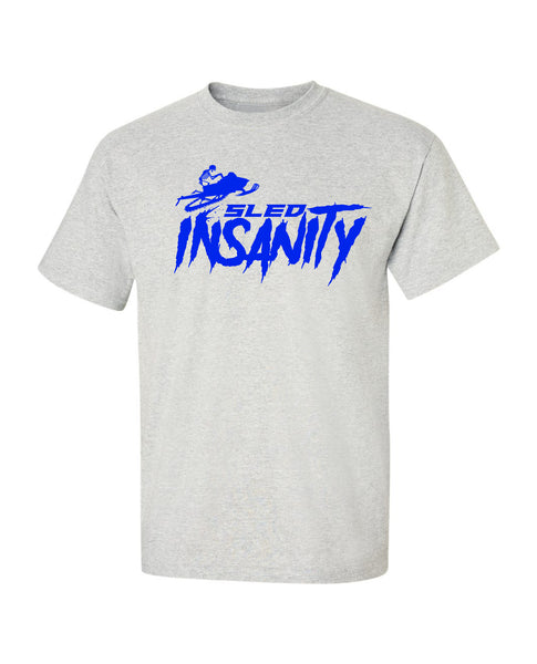 Adult Ash Gray Sled Insanity T-Shirt with Blue Logo