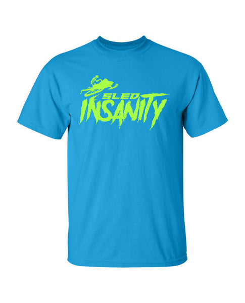 Adult Blue Sapphire Sled Insanity T-Shirt with Green Logo