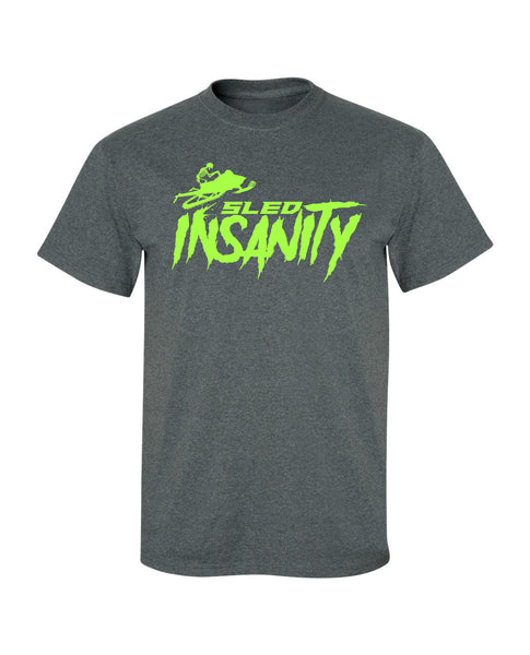 Adult Dark Heather Gray Sled Insanity T-Shirt with Green Logo