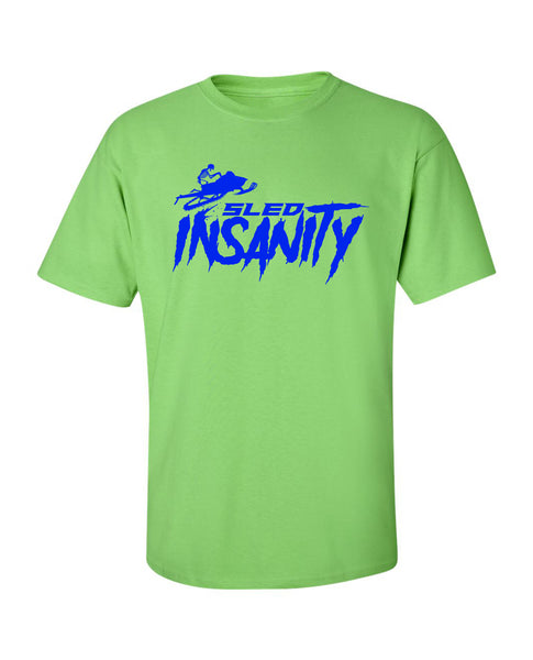 Adult Lime Green Sled Insanity T-Shirt with Blue Logo