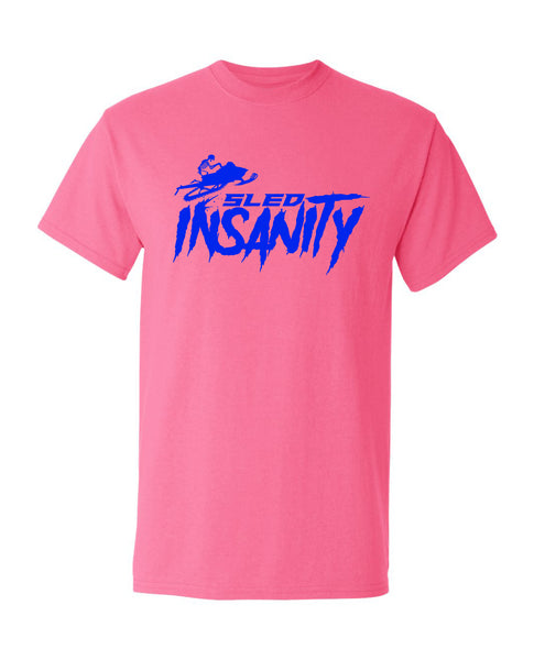 Adult Safety Pink Sled Insanity T-Shirt with Blue Logo