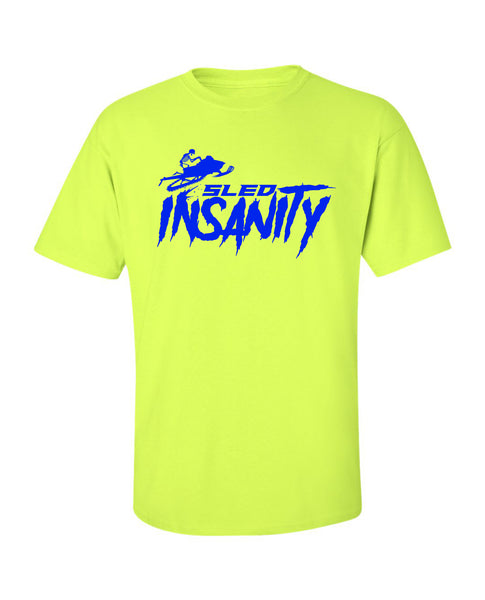 Adult Safety Yellow Sled Insanity T-Shirt with Blue Logo