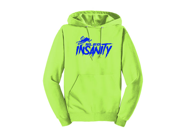 Adult Safety Green Sled Insanity Hoodie with Blue Logo
