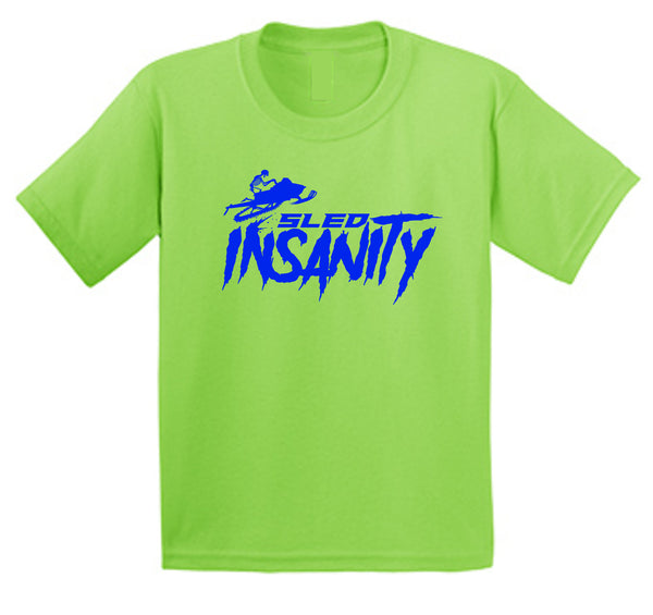 Youth Safety Green Sled Insanity T-Shirt with Blue Logo