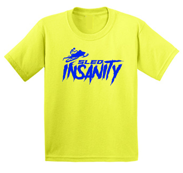 Youth Safety Yellow Sled Insanity T-Shirt with Blue Logo